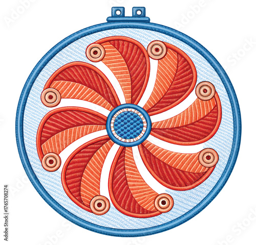 Intricate embroidered floral mandala design within an embroidery hoop, showcasing vibrant coral red and orange petal motifs with a textured blue center, perfect for textile art and home decor projects