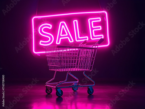 Bright Pink Neon SALE Sign Above Shopping Cart on Dark Background, Representing E-commerce, Discounts, and Retail Promotions