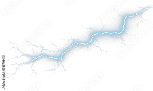Blue vector lightning isolated on transparent layer. Smooth glowing lines represent natural thunder flash and electric storm brilliance. PNG