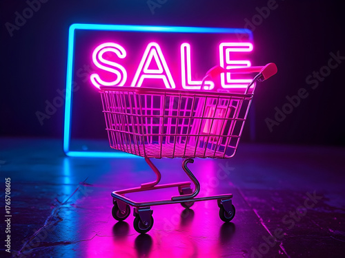Vibrant Neon Pink SALE Sign and Miniature Shopping Cart on Dark Background for Online Shopping Promotions and Discounts