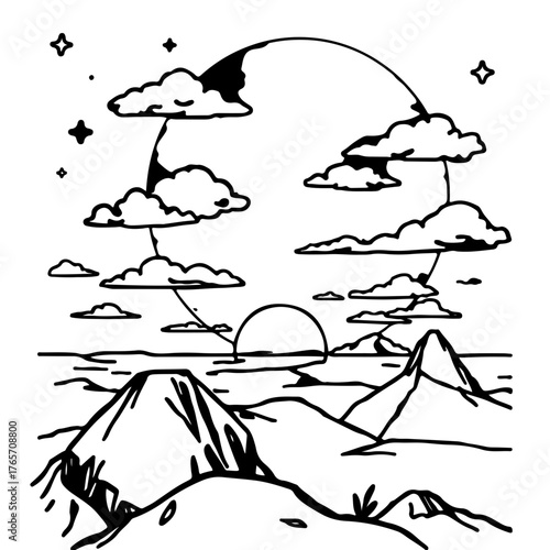 Minimalist black and white line drawing of a landscape with mountains, clouds, sun, and stars in the sky vector