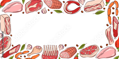Border frame in flat style with different meats on a white background. Steak, sausage, ribs and vegetable. Ideal for culinary design, package or restaurant menu.