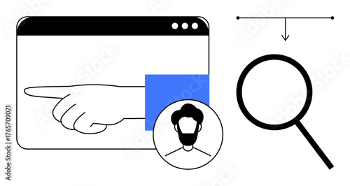 Hand pointing in browser window, magnifying glass, and person icon. Ideal for search, recruitment, research, navigation, user analysis direction profile browsing. Clean simple flat metaphor