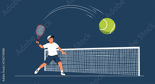 Young boy athlete playing a game of tennis on a court.