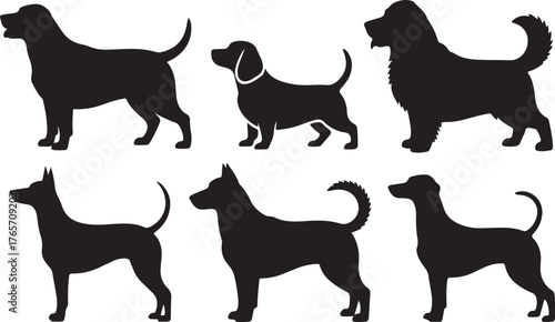 Set of Different Dog Breeds Silhouettes - Pet Animal Black Vector Collection