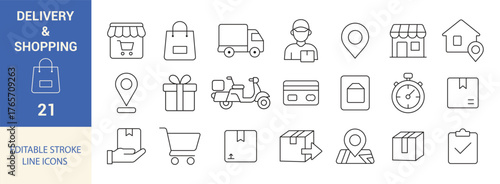 Delivery & Shopping Editable Line Icon Set. Courier, Parcel, Location, and Online Store Symbols