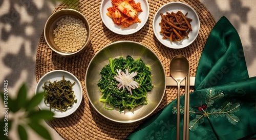 Wallpaper Mural Sigeumchi Namul Outdoor Temple Meal with Brassware and Mountain Herbs (Korean Cuisine) Torontodigital.ca