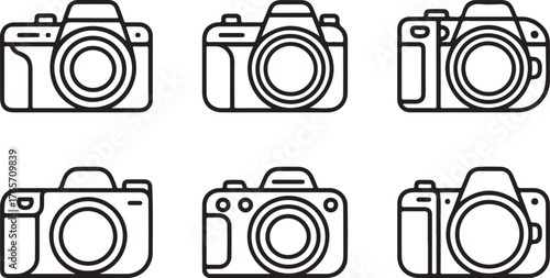 Set of Digital SLR Camera Outline Icons - Photography Device Line Art Vector