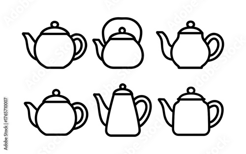 Minimalistic teapots collection in linear style: black and white outline designs