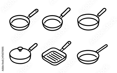 Minimalist outline collection of cooking pans and frying pans in black and white