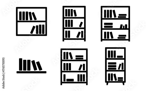 Minimalist bookshelf icons set featuring various arrangements for modern design
