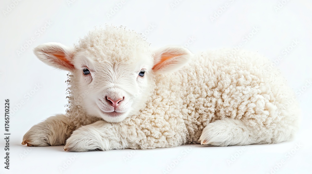 Fototapeta premium Adorable fluffy lamb resting peacefully.
