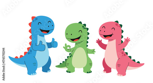 Three cute colorful cartoon dinosaurs standing together happily.