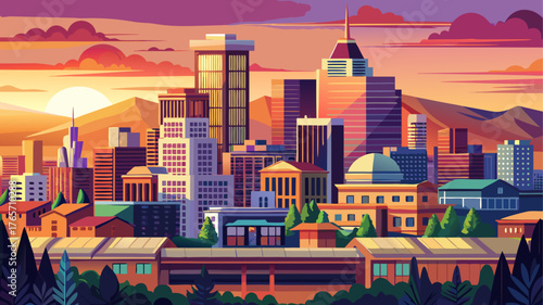 Very beautiful panoramic view of San Jose, California skyline during sunset golden hour, featuring glowing skyscrapers, soft orange skies, and distant rolling hills reflecting warm evening light.