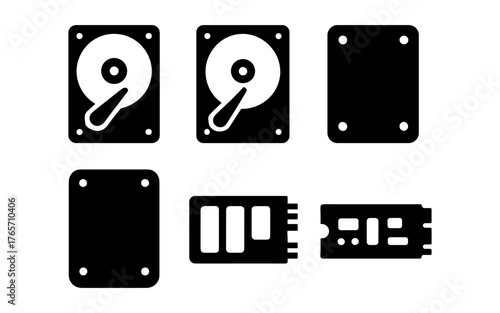 Silhouette icons of hard drives and memory cards in black