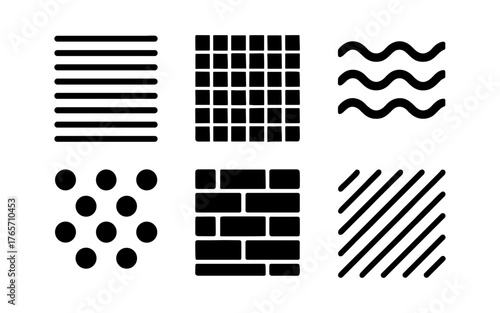 Minimalist collection of geometric seamless patterns in black silhouette for modern design