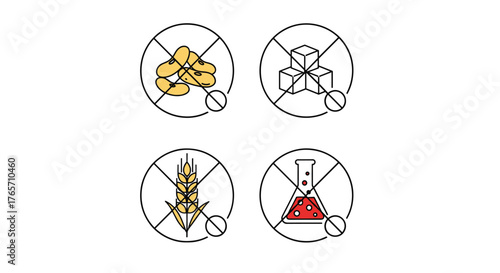 Set of four icons representing food restrictions and allergens.