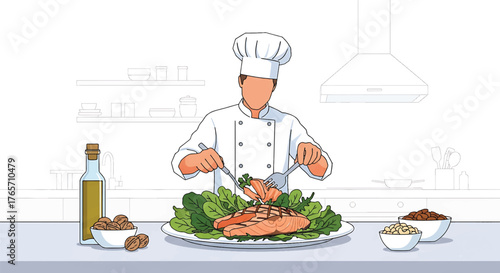 Illustration of a chef preparing a seafood dish with lettuce and condiments in a kitchen.