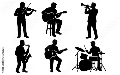 Musician silhouettes playing instruments: guitar, violin, trumpet, drums, saxophone