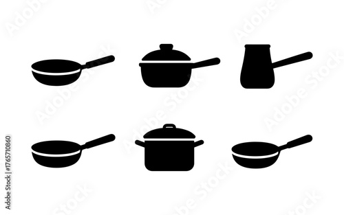 Silhouette collection of kitchen pans and cooking utensils on white background