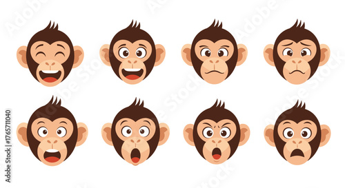 Set of cute cartoon monkey head emoticons with different facial expressions.