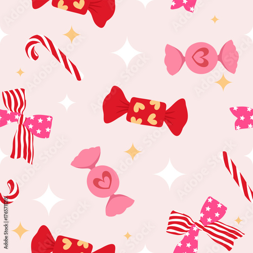 Valentines cute sweet candy with bow seamless pattern 
