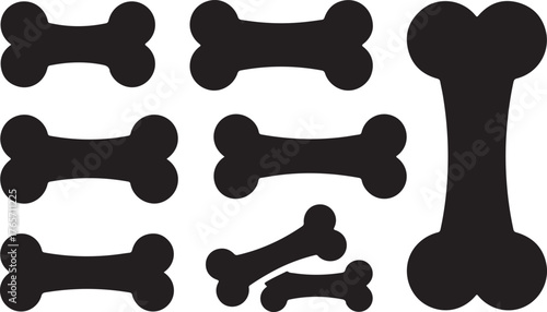 Set of Dog Bone Silhouettes in Different Sizes - Pet Treat Black Vector