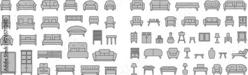 Modern furniture collection, sofa, chairs, tables, beds, cabinets, and lamps vector set, minimalist home interior symbols, architectural floor plan elements, black line illustration
