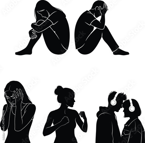 Silhouettes of people expressing sadness distress and emotional pain in various poses