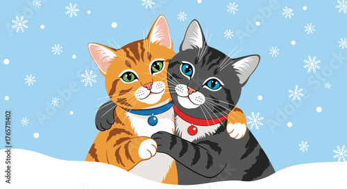 Two Adorable Cats Embracing in a Winter Wonderland Illustration.