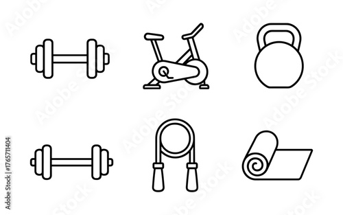 Minimalist fitness icons: dumbbells, exercise bike, kettlebell, jump rope, yoga mat