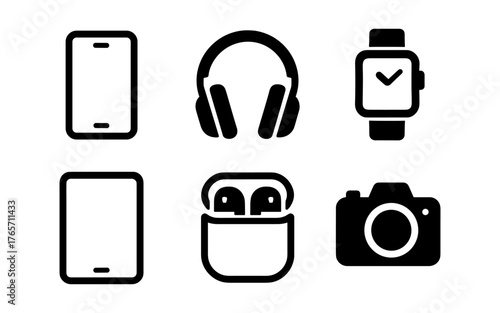 Minimalist black icons of gadgets and devices: phones, headphones, watches, cameras