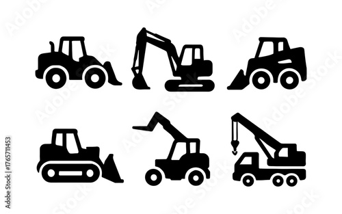 Silhouette set of construction vehicles: excavator, bulldozer, crane, and loader icons