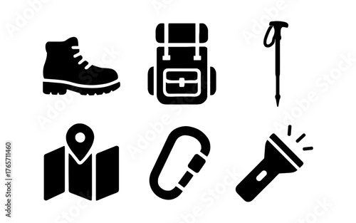 Essential camping gear icons: backpack, map, hiking boots, and more for outdoor adventures