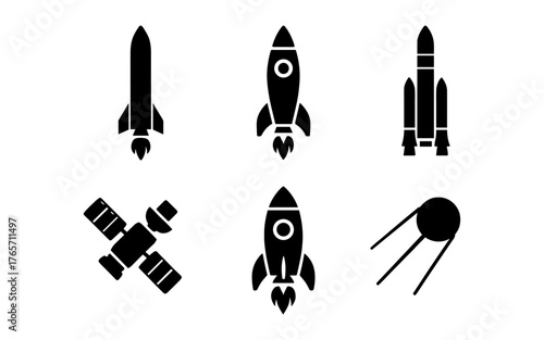 Silhouette space icons: rockets, satellites, and missiles for design projects