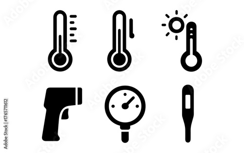 Collection of thermometer icons: black and white silhouette style for temperature measurement