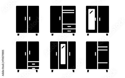 Set of modern wardrobe silhouettes with drawers and mirrors