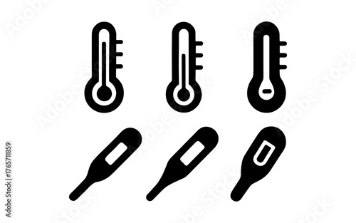 Black and white thermometer icons set for medical and weather apps