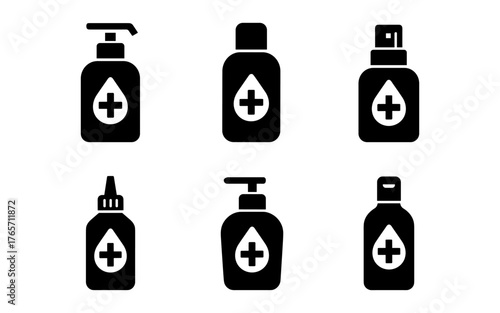Collection of medical bottle icons in simple black silhouette style