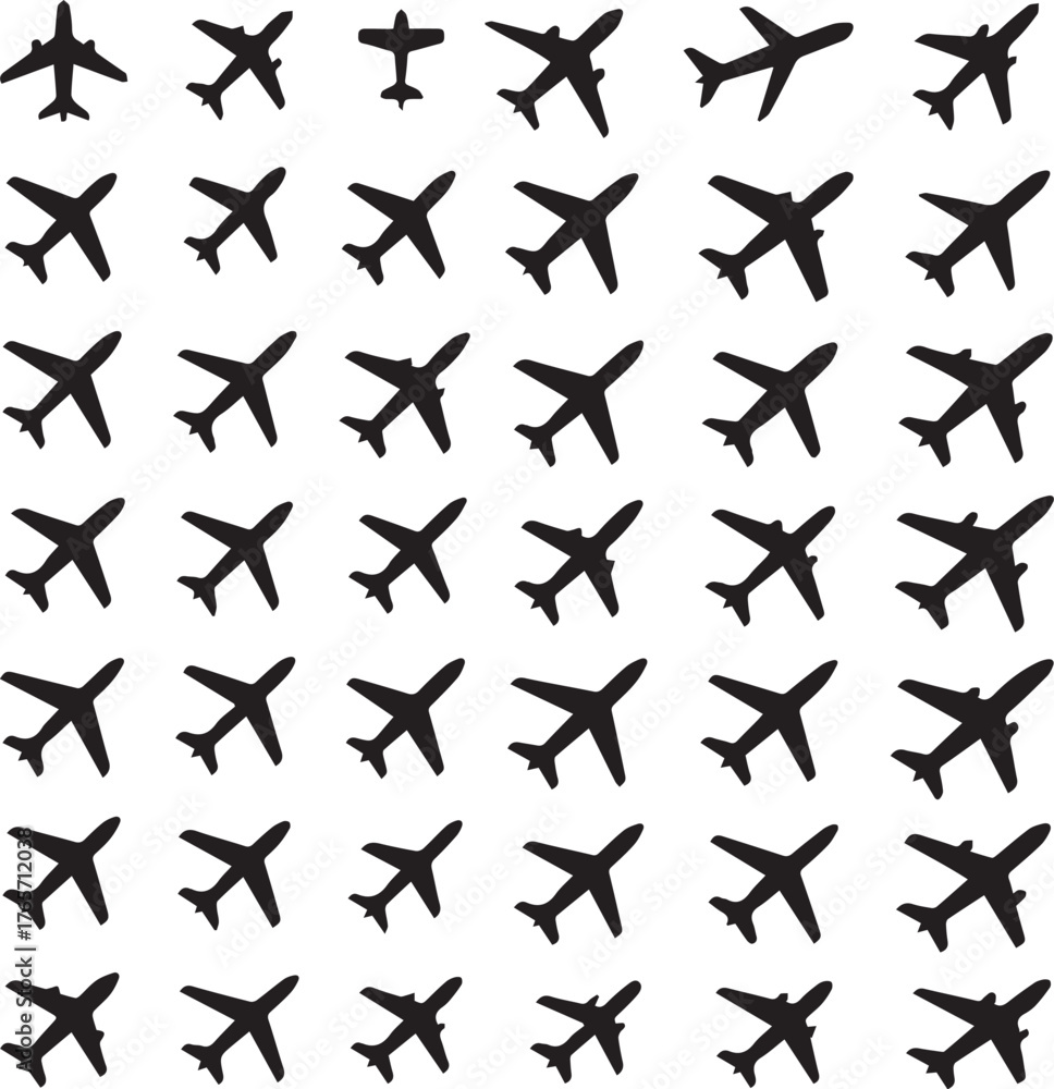 Fototapeta premium Set of 50 Unique Airplane Silhouettes on White Background — Black Aircraft Icons Collection for Aviation, Travel, and Transportation Design