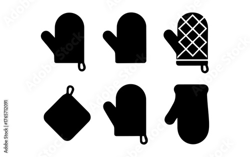 Set of kitchen oven mitts and pot holders in simple silhouette style