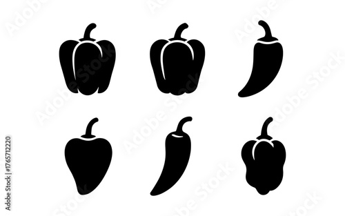 Silhouette set of various peppers in black and white minimalistic style