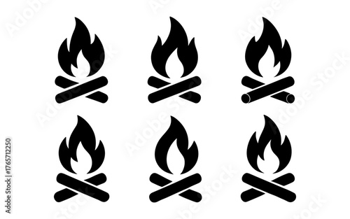 Campfire icon set in bold silhouette style for outdoor and adventure themes