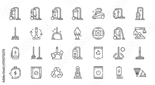 Diverse cleaning icons isolated on white background, featuring various tools and equipment for household chores and maintenance, in a minimalist line art style