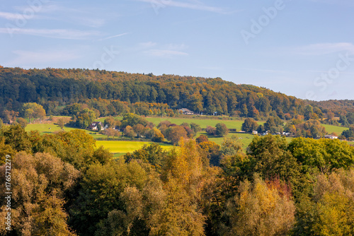 Autumn landscape, Terrain hilly countryside in Zuid-Limburg with small houses hidden on hillside, farmland and forest, Epen is a village in southern part of the Dutch province of Limburg, Netherlands.