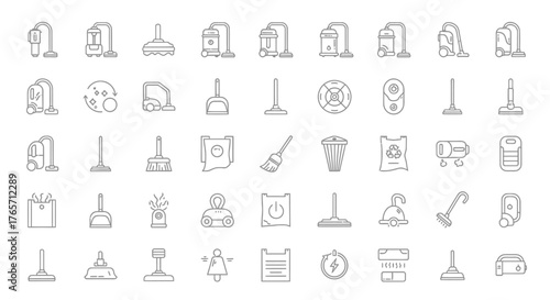 Diverse cleaning icons isolated on white background, featuring various tools and equipment for household chores and maintenance, in a minimalist line art style