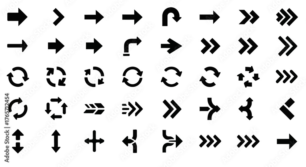 Naklejka premium Collection of diverse arrow symbols isolated on white background, showcasing various directions, orientations, and styles for navigation, indication, and design purposes