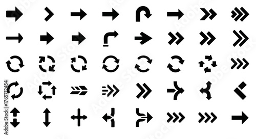 Collection of diverse arrow symbols isolated on white background, showcasing various directions, orientations, and styles for navigation, indication, and design purposes