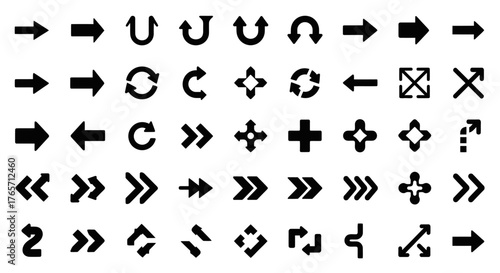 Collection of diverse arrow symbols isolated on white background, showcasing various directions, orientations, and styles for navigation, indication, and design purposes