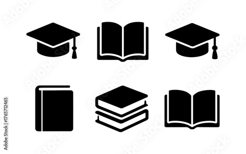 Education icons: caps and books in simple black silhouette style